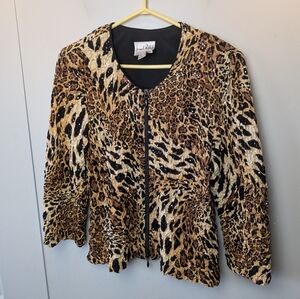 VTG JOSEPH RIBKOFF Women Plus Size Blazer Leopard Print Size 16 Sequin Stretch
